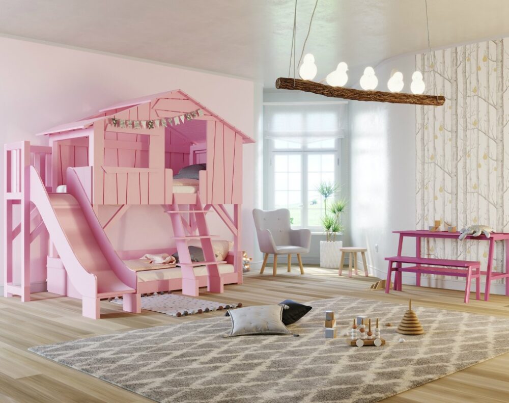 une chambre rose pour votre enfant avec un toboggan